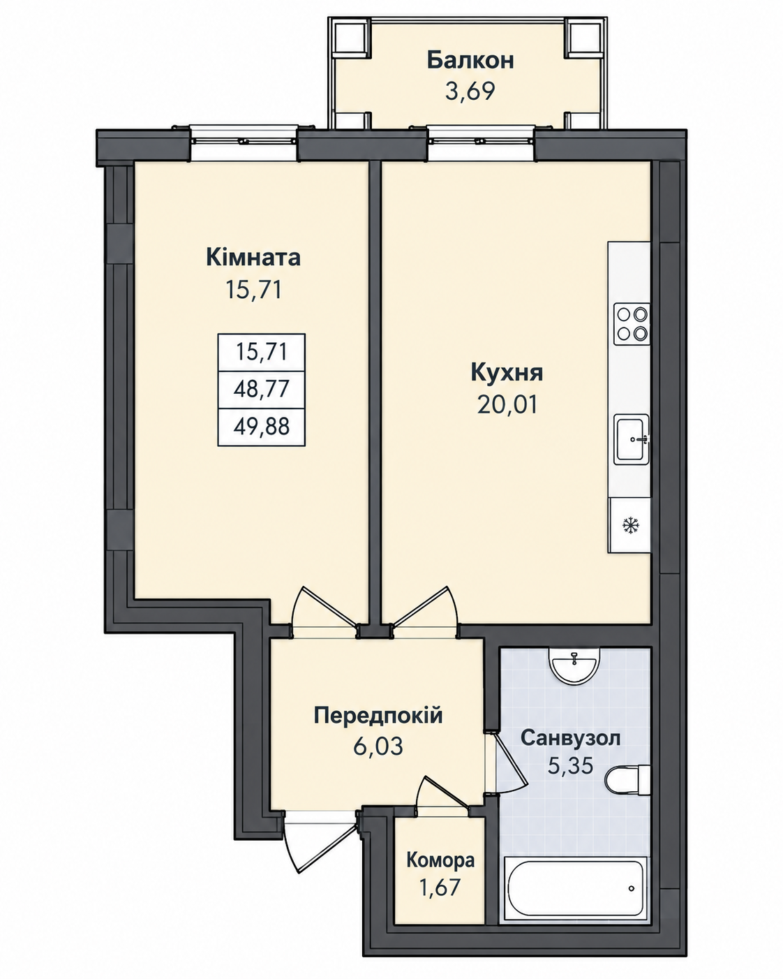 Квартира 49 м2 в ЖК "Консул" на 10 ст. Б. Фонтана. Сданный дом с АГВ ID 54413 (Фото 15)